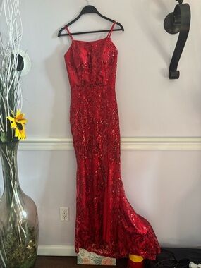 Red Sequin Spaghetti Strap Evening Gown
